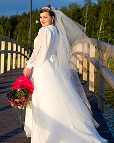 A bride in an a-line wedding dress