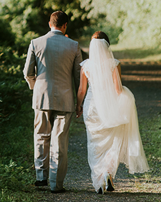 A bride in an a-line wedding dress